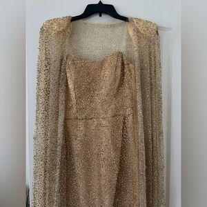 Brand New Gold Full Beaded Gown with Detachable Full Beaded Cape